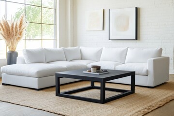 A large, minimalist living room with an oversized white sofa and a black coffee table.