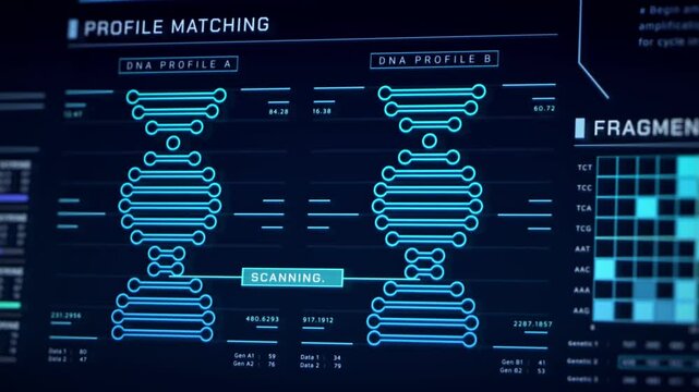 DNA Helix analysis visualization data, genome sequence ui screen, futuristic genetic engineering lab infographic interface, 3D biotechnology scan report dashboard, medical science technology backgound