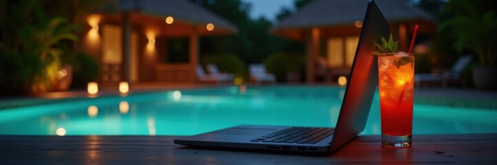 A serene resort scene featuring a laptop and a refreshing cocktail by a pool at night, perfect for showcasing work-life balance in a luxurious setting.