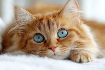 Charming fluffy orange cat with mesmerizing blue eyes resting on a soft white blanket