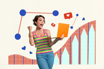 Creative collage picture young girl celebrate success triumph winner yes laptop computer blogger social media feedback popularity