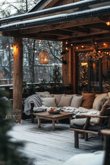 Obraz premium Cozy wooden terrace with rustic wooden furniture, soft beige pillows and blankets on snowy winter way. Charming warm evening in winter garden.