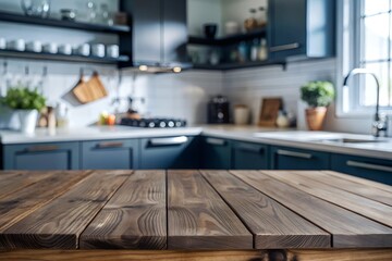 Rustic Wooden Countertop in Modern Kitchen. Close-up of a rustic wooden countertop in a modern kitchen with navy cabinets, white tiles, and natural light