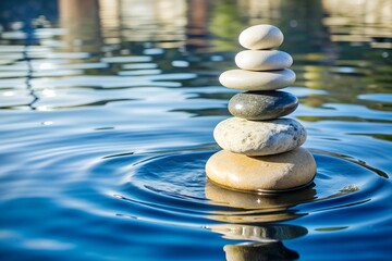 Zen stones pebble balance peace silence concept. Balanced stack of smooth stones placed in rippling water, symbolizing peace, harmony and mindfulness in nature