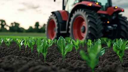 A close-up view of vibrant green seedlings in rich soil, with a tractor in the background,...