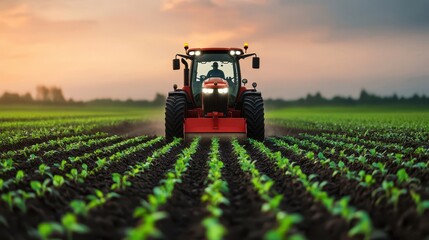 Fototapeta premium A vibrant tractor cultivates a lush green field at sunset, highlighting the beauty of agricultural work and the serene countryside.