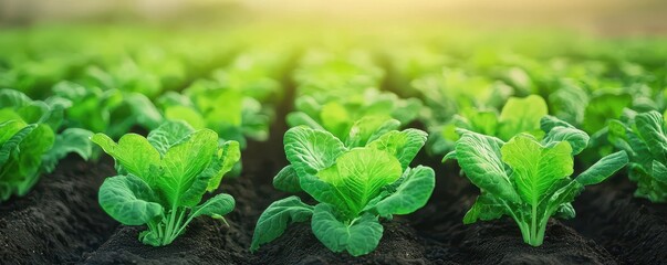Lush green lettuce plants thrive in rows under sunlight, showcasing their vibrant leaves and healthy growth in a fertile farm setting.