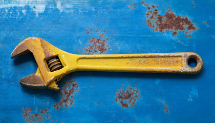 Rusty yellow wrench on blue metal surface. Working tool. Top view.