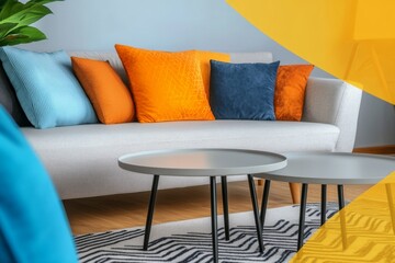 A living room with an abstract painting on the wall, featuring bold orange and blue shapes, adorned by a white sofa with colorful cushions.