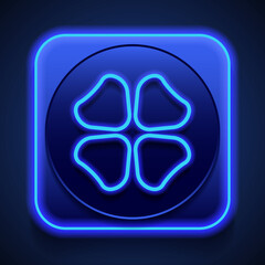 Clover simple icon. Flat design. Blue neon style on button. With shadow