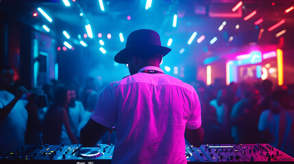 A professional DJ performing at a vibrant nightclub with colorful lights and a lively crowd.