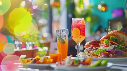 Vibrant Restaurant Brunch Banner Featuring Food and Drinks with Call to Action