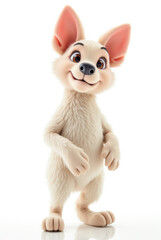 Obraz premium An animated dog character with floppy ears and fluffy fur stands upright, displaying a joyful grin. The bright, white background highlights its playful demeanor
