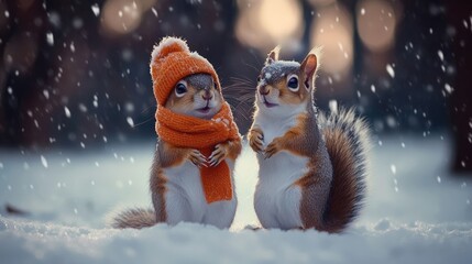 Two adorable squirrels dressed in winter attire, featuring colorful hats and scarves, enjoy a snowy day in their tranquil forest habitat © lililia