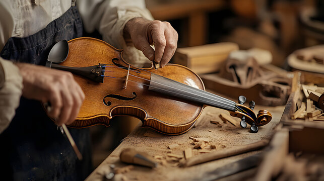 A professional violin maker crafting a violin in a workshop filled with wood and tools.