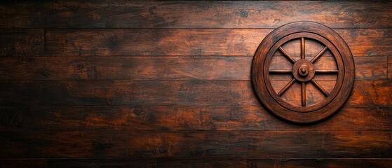 Obraz premium Wooden Wheel on Rustic Brown Plank Background