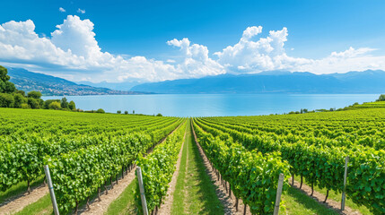 Naklejka premium Panoramic landscape of vineyards with mountains and lake on the horizon