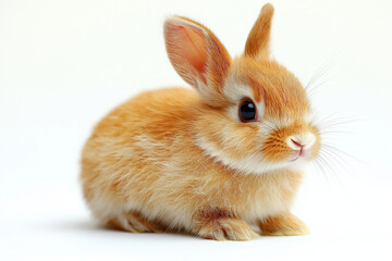Adorable fluffy baby rabbit with soft brown fur on white background