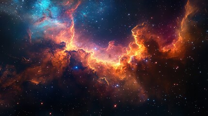 Fototapeta premium A vibrant nebula with streaks of orange and blue light against a dark starry sky.