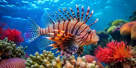 Obraz premium Vibrant Red Lionfish in Tropical Coral Reef Setting for Candid Photography