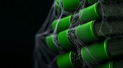 Green Cylinders Entangled in Spiderweb: Abstract 3D render of vibrant green cylinders enveloped by a delicate spiderweb, set against a dramatic dark background.