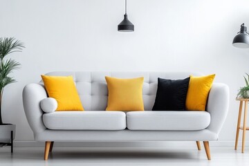 Bright Room with White Wall and Abstract Black and Gold Art Above Modern Sofa