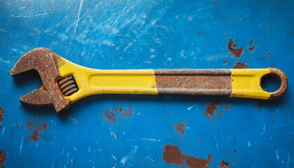 Rusty yellow wrench on blue metal surface. Working tool. Top view.