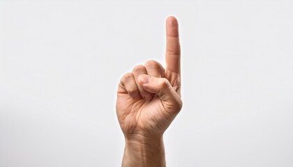 A human hand showing only the index finger to indicate number one gesture; a focus on the index finger of the hand to show one or number one; hand photography; white background