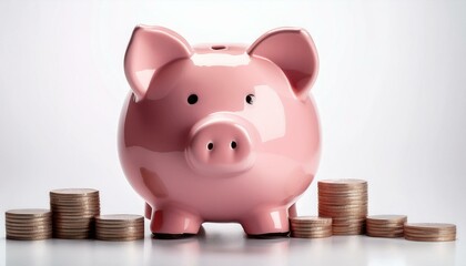 A piggy bank isolated on white background; A cute pink piggy bank in focus against a blurred white background; financial photography