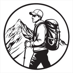 Silhouette of Hiker with Backpack in Mountain Forest Landscape.