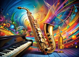 Naklejka premium Vibrant Saxophone and Piano in Colorful Abstract Music Composition for Arts and Culture Enthusiasts