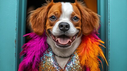 Fototapeta premium A cheerful dog in a feather outfit basks in the spotlight by a colorful door