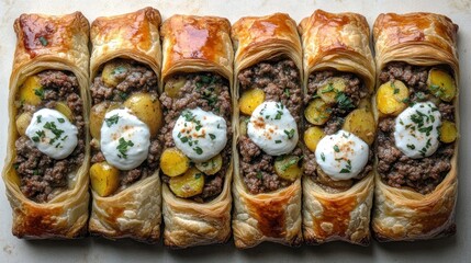 Savory puff pastries filled with seasoned meat, potatoes, and creamy toppings