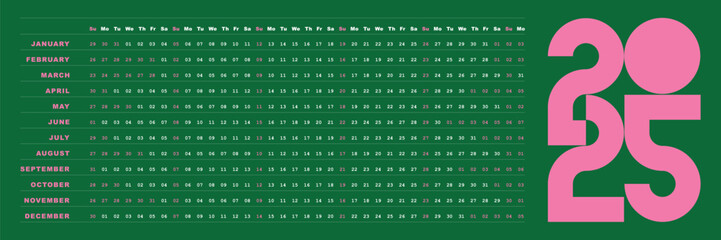 2025 calendar horizontal green design