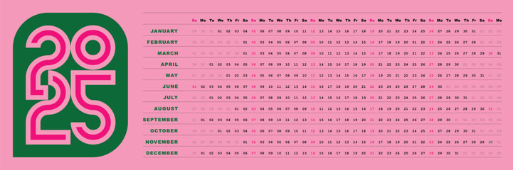 2025 calendar pink and green horizontal design