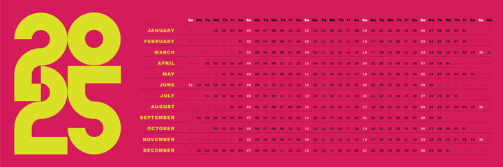 2025 calendar horizontal design pink and yellow