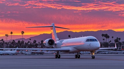 Fototapeta premium Private Jet Taxiing on Runway at Sunset with Mountains and Palm Trees in Background