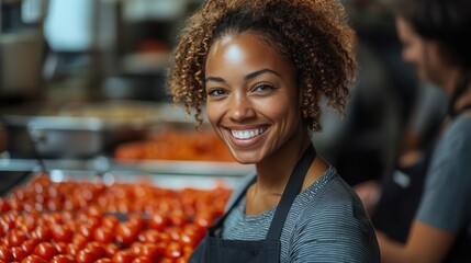 joyful volunteers working together in a bright community kitchen preparing meals with smiles promoting a spirit of giving and collaboration