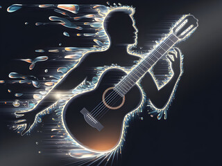 Musical Silhouette: A mesmerizing artistic depiction of a guitarist, their form dissolving into a symphony of light and color.  A captivating blend of music, art, and emotion.
