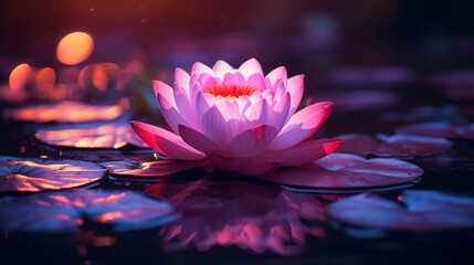 Macro Photo of a Beautiful Lotus Flower with Dewdrops in Soft Pink and Purple Light