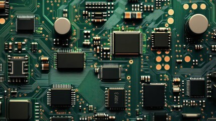 Fototapeta premium Green and Gold Circuit Board Close-Up Featuring Microchips and Components in 3D Design
