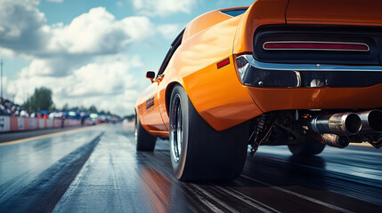 A supercharged muscle car with side-exit exhaust and racing slicks revving at a drag strip.