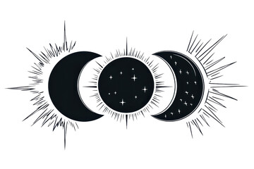 Mystical moon phase illustration with stars and radiant symbols. Ideal for spiritual, cosmic, or astrological themes.