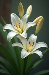  White lily with bud on blurred background.