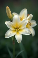  White lily with bud on blurred background.