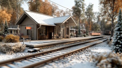 Naklejka premium Snow-covered railway station amidst autumn trees, serene winter landscape.