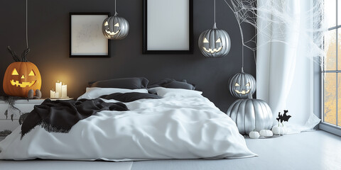 Stylish Haunted Scandinavian Bedroom: Muted tones with silver jack-o-lanterns flickering ghostly light