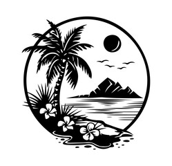 Vector image of a summer sunset tropical beach with palm trees and waves in the background, during sunrise and sunset. Nature scene, children coloring pages of the beach.Vector image of a summer sunse