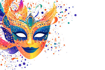 Vibrant colorful carnival mask with ornate details, adorned with shimmering embellishments and abstract patterns on a transparent background.