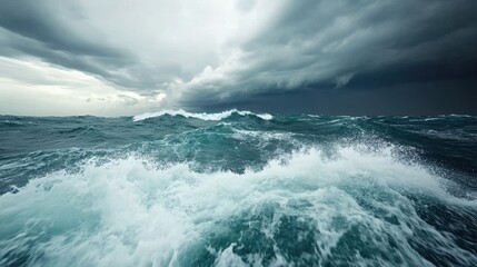 Fototapeta premium Stormy ocean waves under dark clouds, dynamic and turbulent, capturing nature's power.